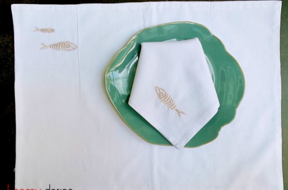 Placemat & Napkin set - Beige fish embroidery